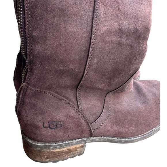 UGG Women's Brown Suede Knee-High Boots Size 9.5 With Side Zipper & Wooden Heel - Picture 5 of 12